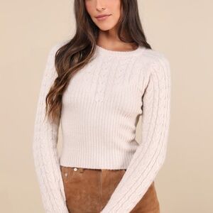 Lulus Cozy Aim Beige Cable Knit Ribbed Sweater Top - Size S